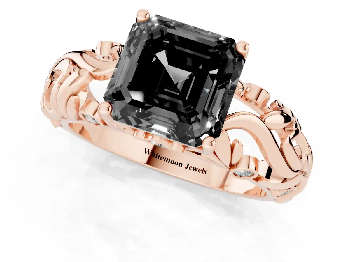 Fancy Black Asscher Cut Solitaire Diamond Leaf-Inspired Vine Band Ring with Prong Setting Rose gold