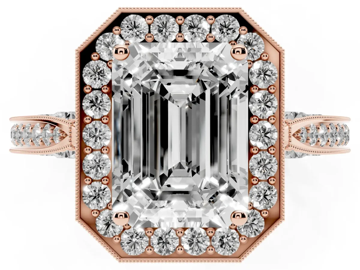 Emerald Cut Halo Diamond Engagement Ring with Split Shank Band and Four-Prong Setting Rose gold