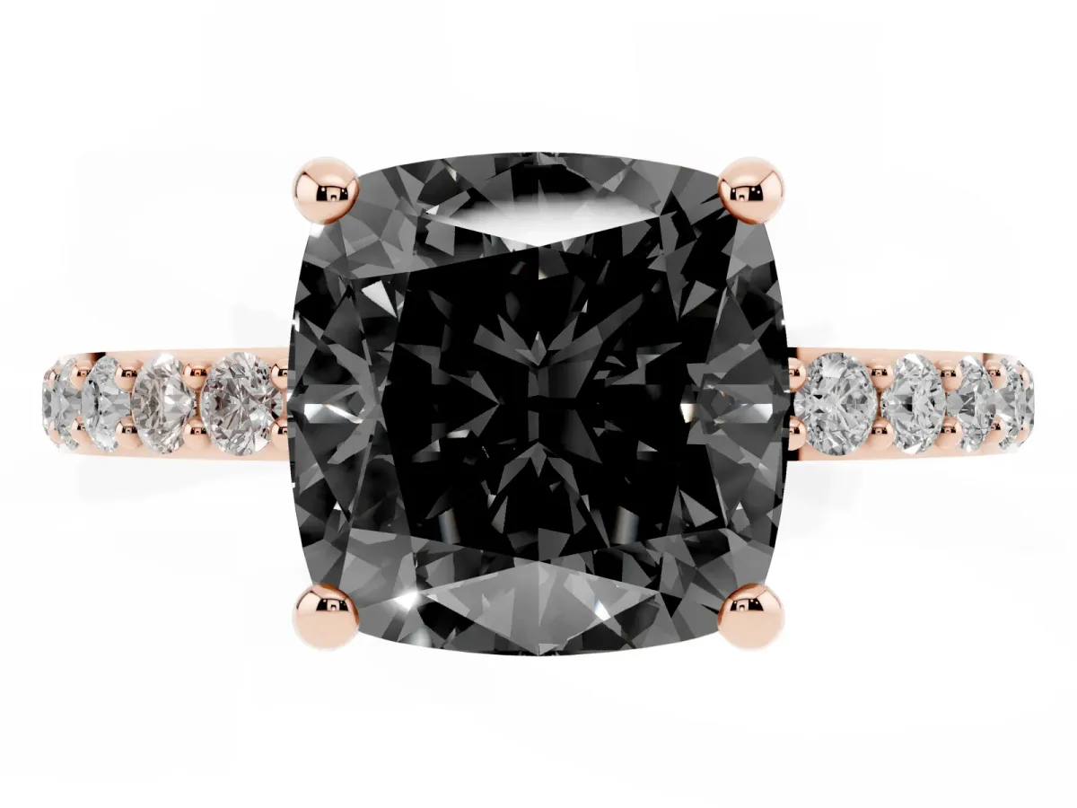 Fancy Black Cushion Cut Diamond Solitaire Ring with Round Pavé Band and Prong Setting Rose gold