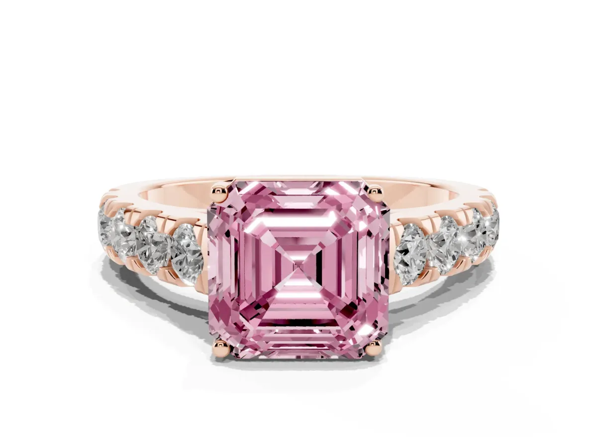 Fancy Pink Asscher Cut Cut Diamond Solitaire Ring with Micro Pave Band and Prong Setting Rose gold