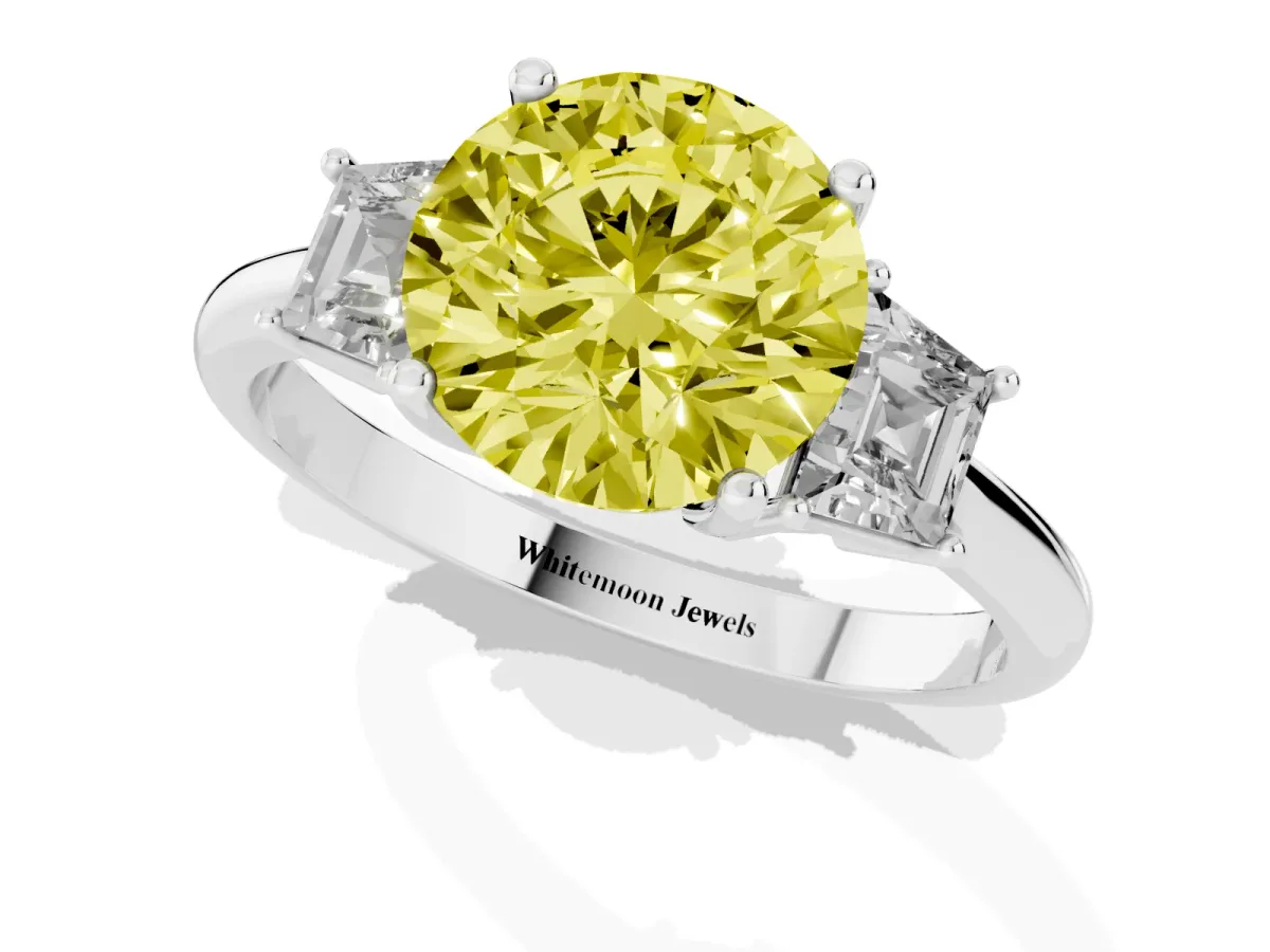 Fancy Yellow Round Cut Diamond Three-Stone Ring with Trapezoid Side Stones and Prong Setting Platinum