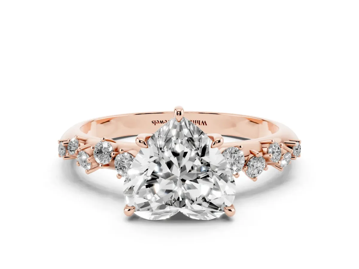 Heart Cut Diamond Cluster Side Stone Solitaire Ring with Prong Setting Rose gold