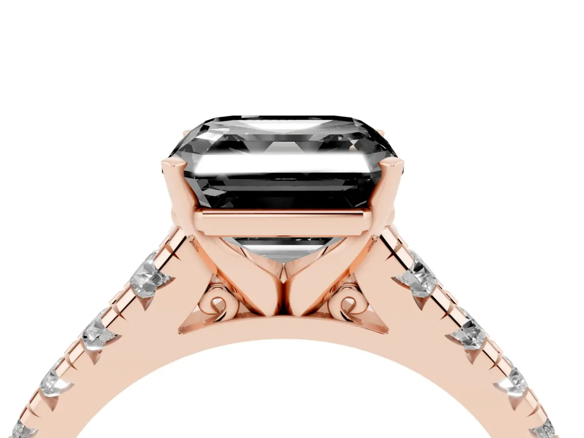 Fancy Black Asscher Cut Diamond Cathedral Solitaire Ring with Round Pavé Band Rose gold