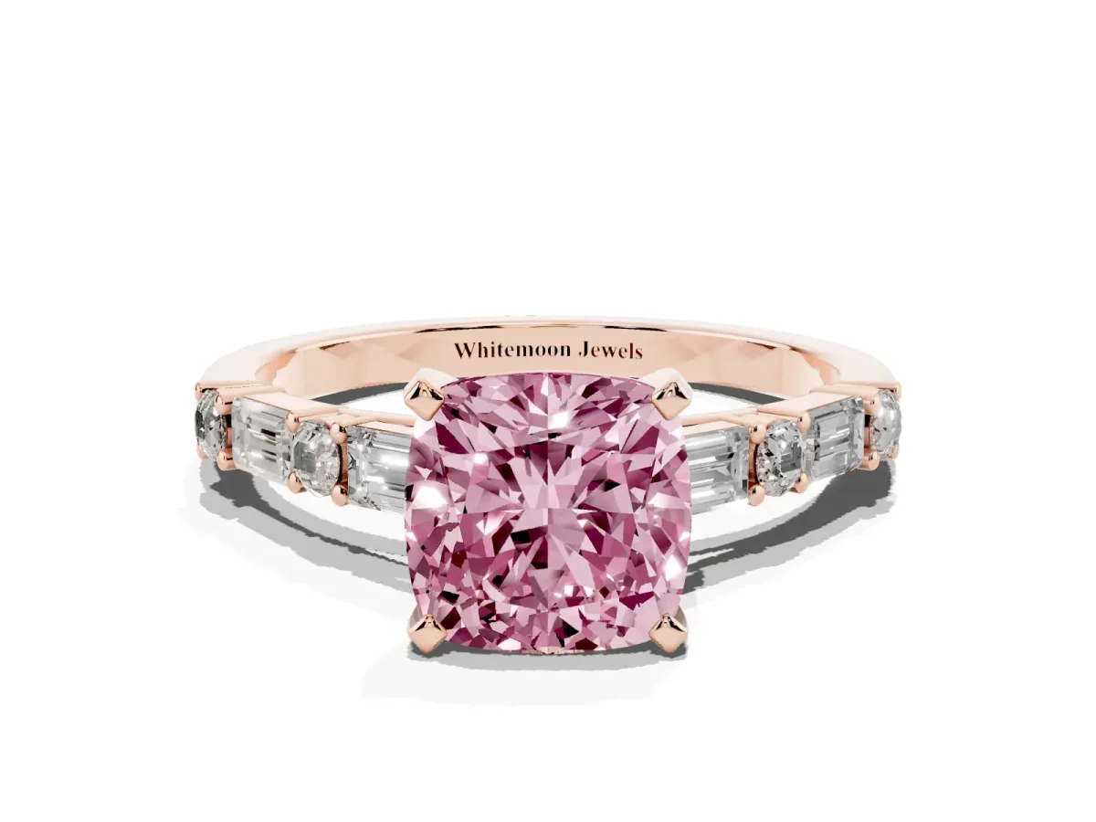 Fancy Pink Cushion Cut Diamond Solitaire with Side Baguettes and Channel Set Band Rose gold