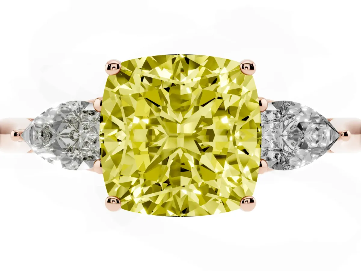 Fancy Yellow Cushion Cut Diamond Three-Stone Ring with Pear Side Stones and Prong Setting Rose gold