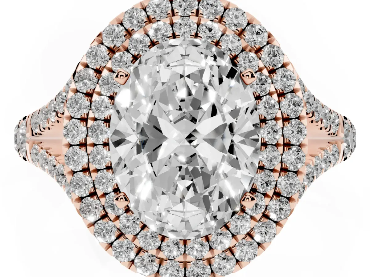 Oval Cut Diamond Pavé Split Shank Double Halo Engagement Ring Rose gold