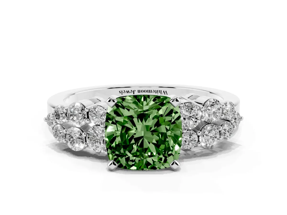Fancy Green Cushion Cut Cluster Diamond Engagement Ring with Pavé Band and Four-Prong Setting Platinum