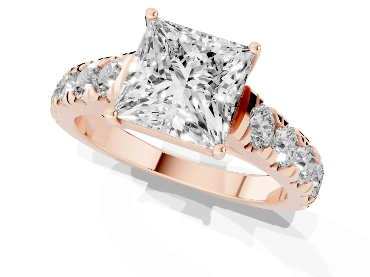 Princess Cut Cut Diamond Solitaire Ring with Micro Pave Band and Prong Setting Rose gold