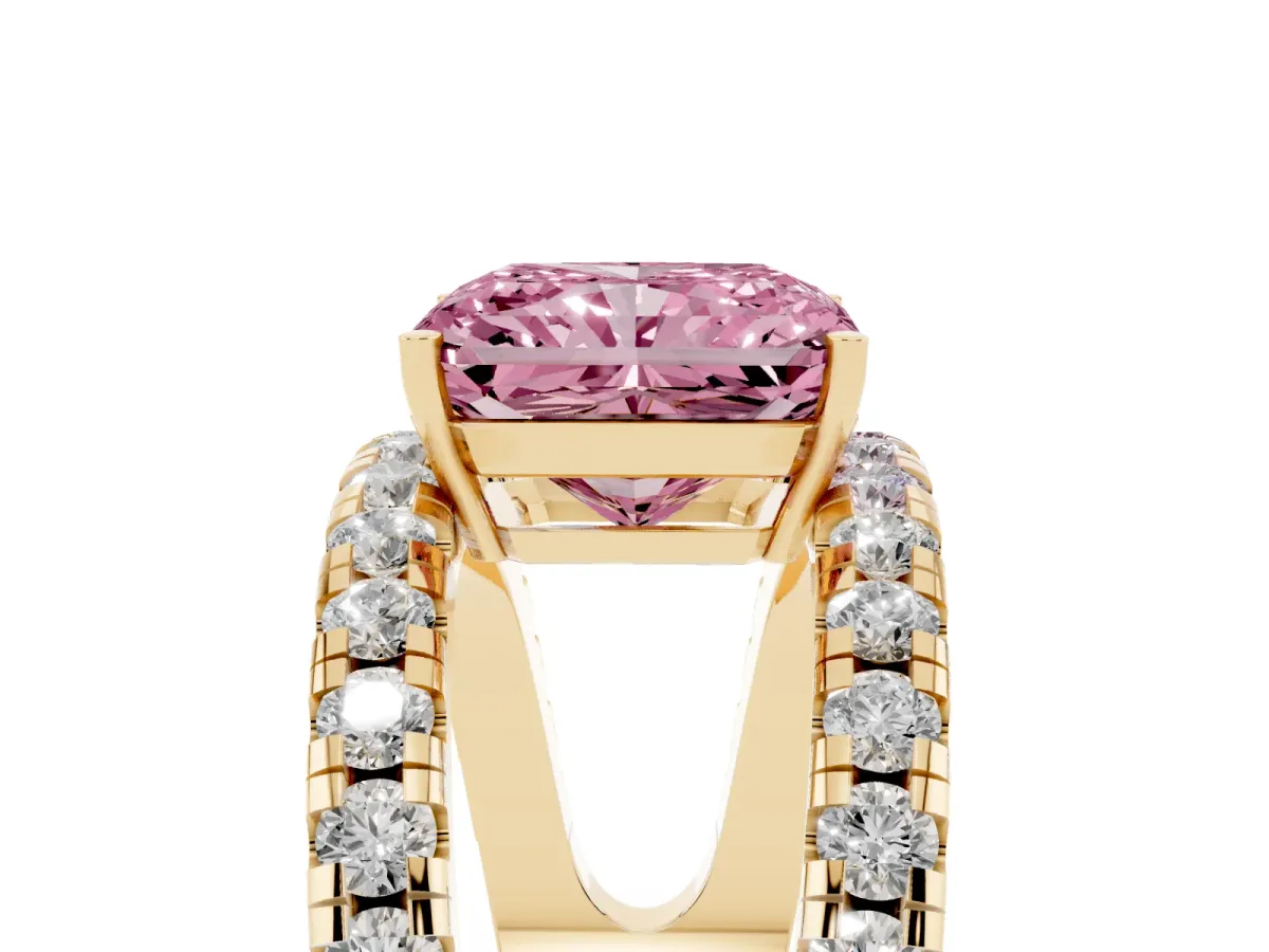 Fancy Pink Radiant Cut Solitaire Split Shank Pave Diamond Ring Yellow gold