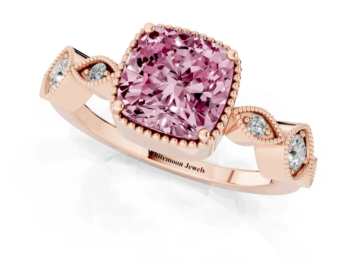 Fancy Pink Cushion Cut Diamond Vintage Milgrain Ring with Round Stations Rose gold