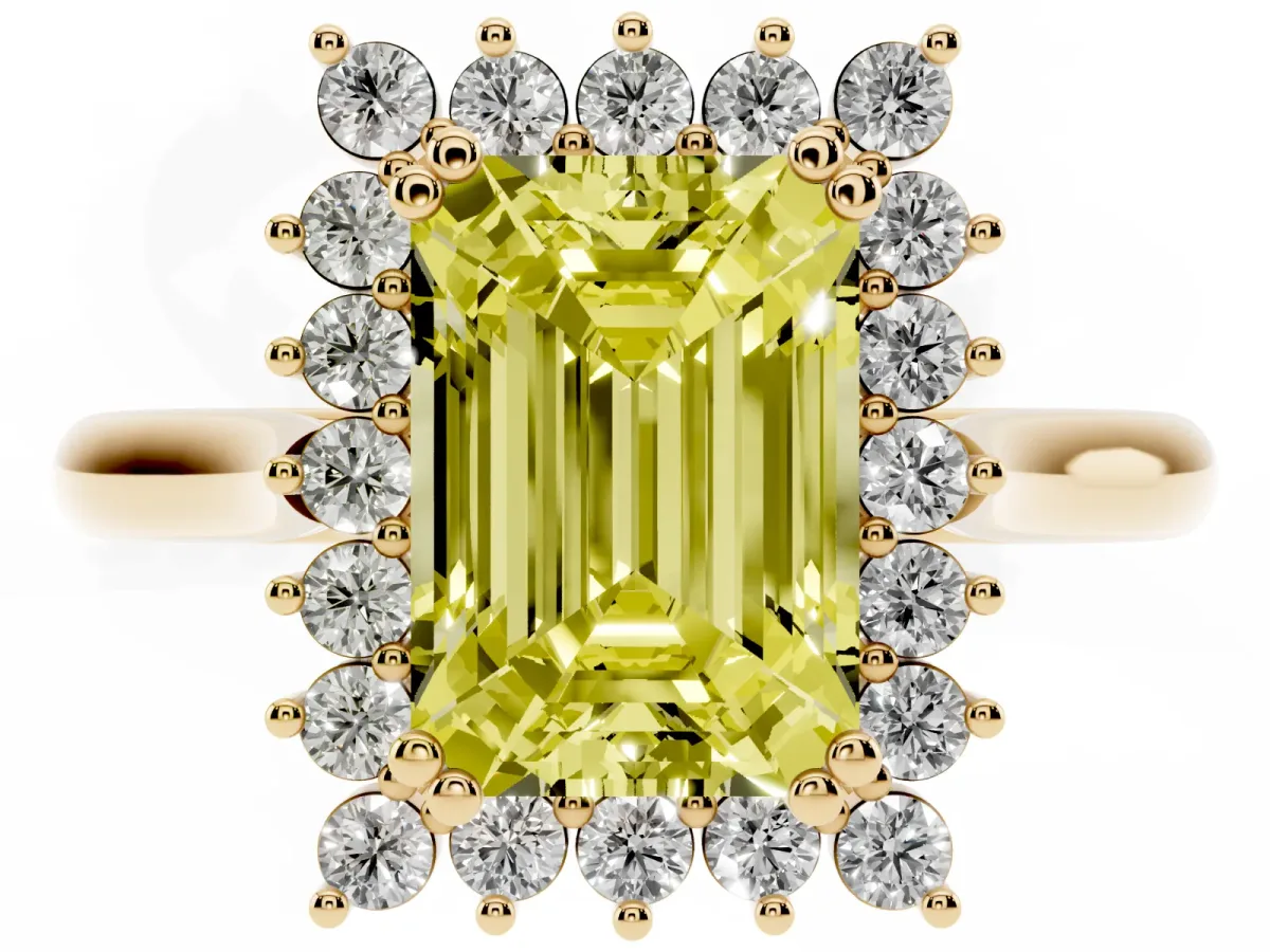 Fancy Yellow Emerald Cut Cut Diamond Halo Ring with Solitaire Band and Prong Setting Yellow gold
