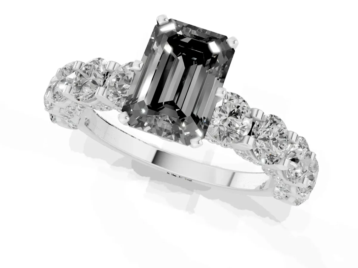 Fancy Black Emerald Cut Diamond Side Stone Engagement Ring with Four-Prong Setting Platinum