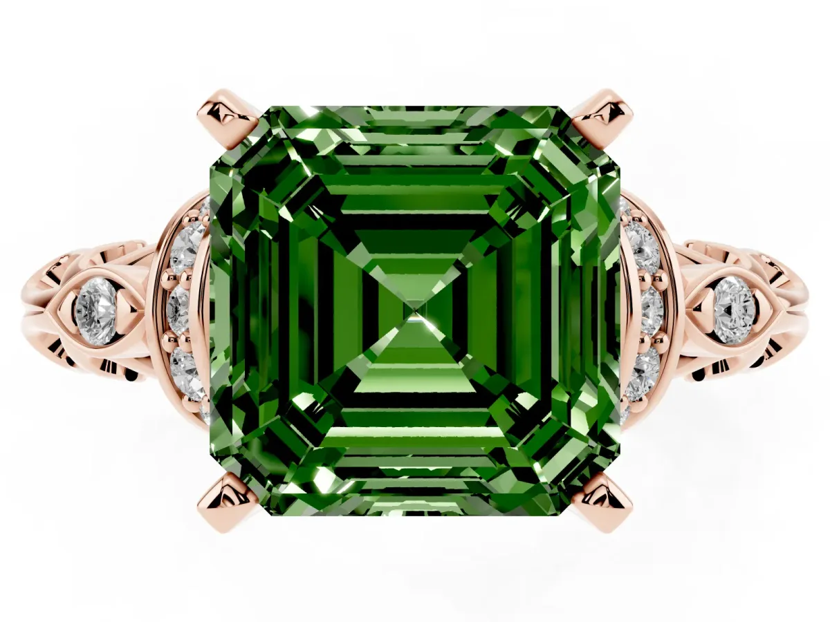 Fancy Green Asscher Cut Diamond Solitaire Ring with Filigree Band and Four-Prong Setting Rose gold