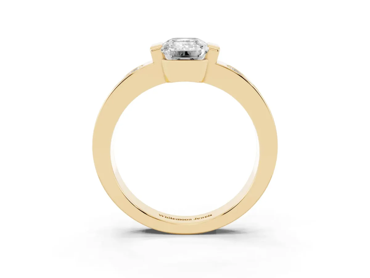 Emerald Cut Brilliant Channel-Set Diamond Ring with Bezel Prong Setting Yellow gold