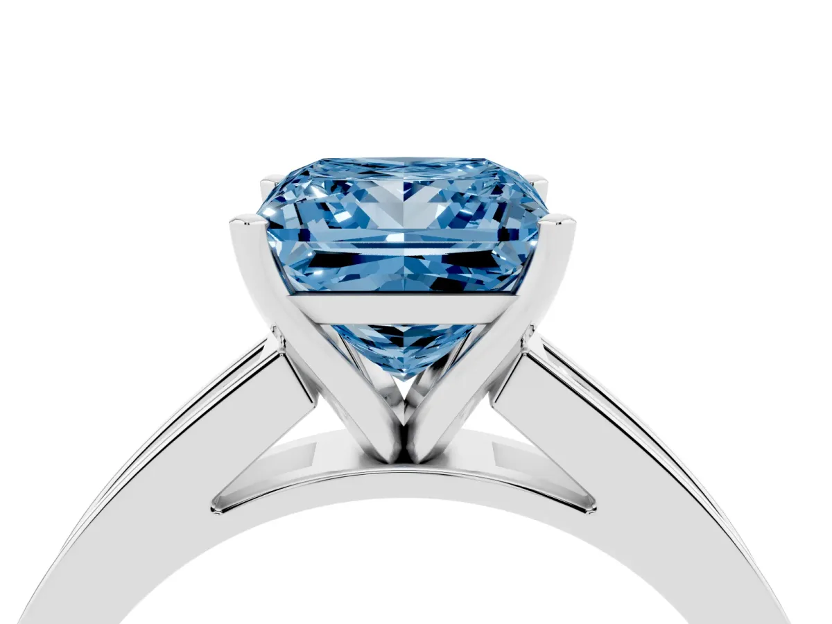 Fancy Blue Princess Cut Solitaire Diamond Ring with Channel-Set Band and Four-Prong Setting Platinum