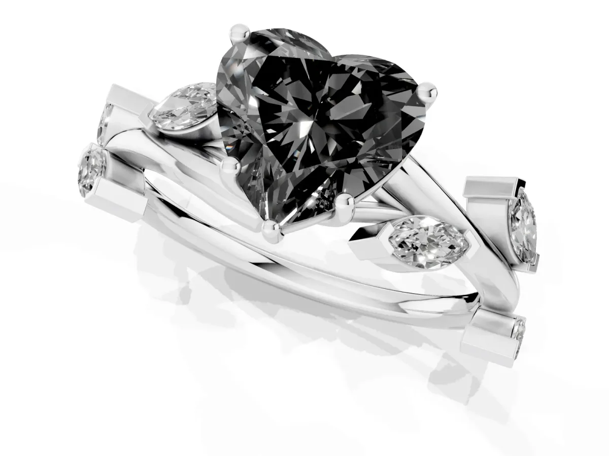Fancy Black Heart Cut Solitaire Twisted Band Marquise Accent Prong Setting Ring Platinum