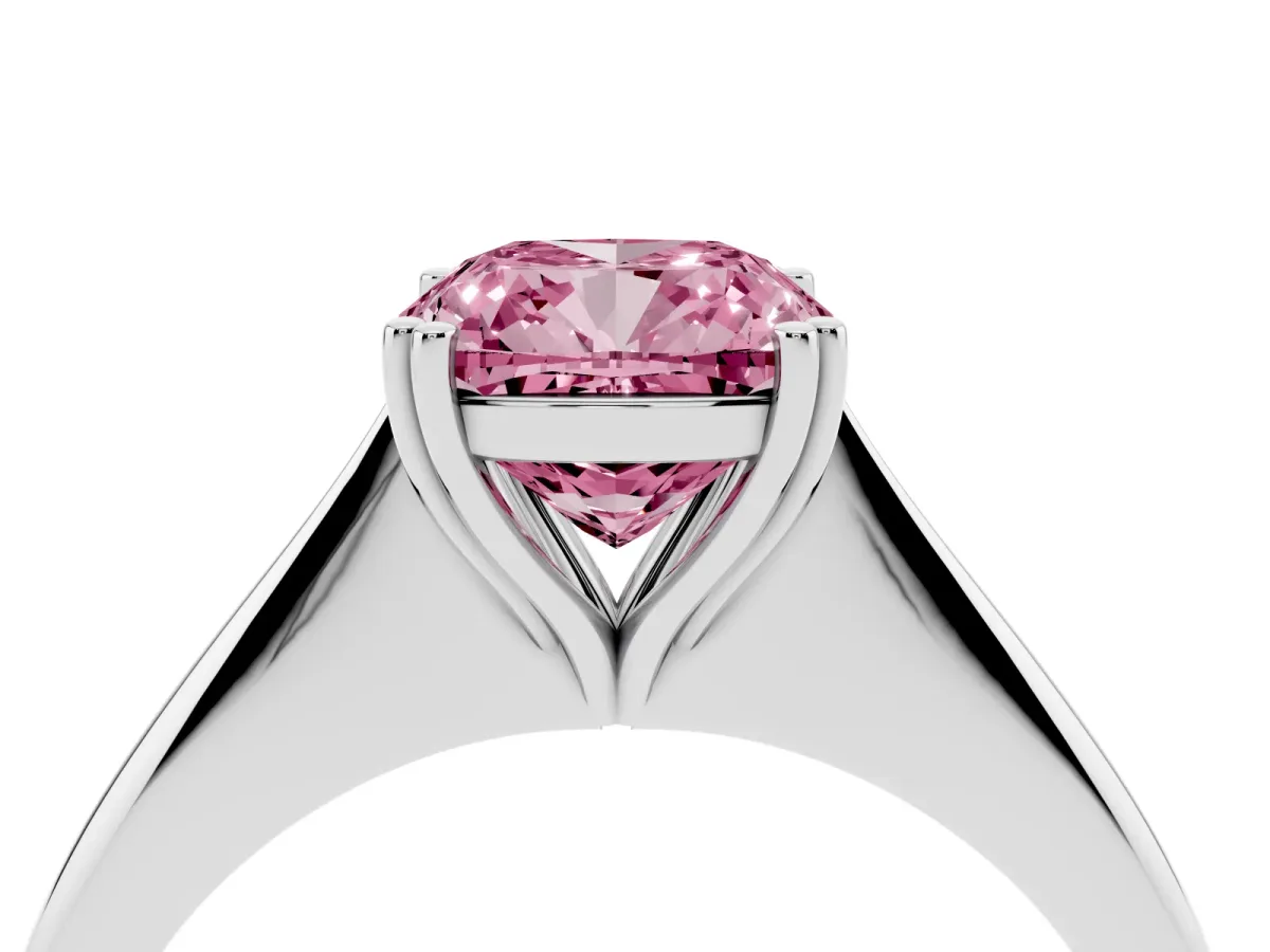 Fancy Pink Cushion Cut Solitaire Diamond Ring with Six-Prong Setting and Classic Band Silver