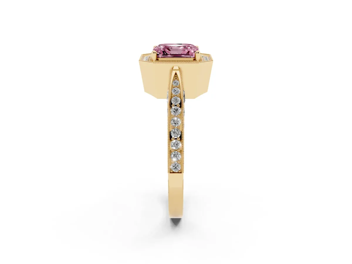 Fancy Pink Asscher Cut Halo Diamond Engagement Ring with Split Shank Band and Four-Prong Setting Yellow gold