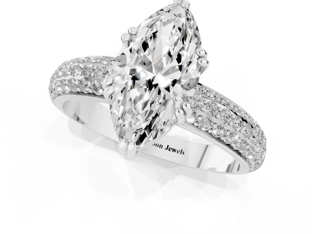 Marquise Cut Diamond Solitaire Ring with Multi-Row Round Pavé Band and Prong Setting Silver