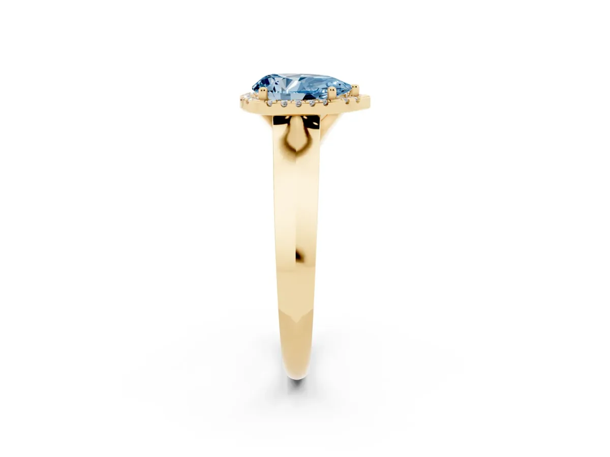 Fancy Blue Pear Cut Halo Diamond Ring with Cathedral Band and Four-Prong Setting Yellow gold