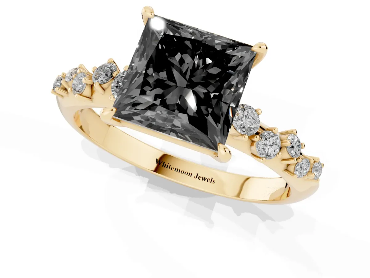 Fancy Black Princess Cut Diamond Cluster Side Stone Solitaire Ring with Prong Setting Yellow gold