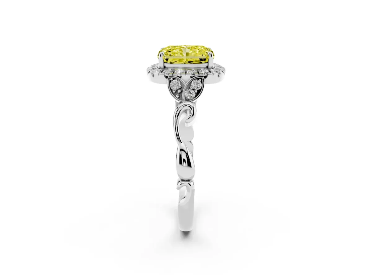 Fancy Yellow Radiant Cut Halo Diamond Engagement Ring with Vintage-Inspired Band and Four-Prong Setting White gold