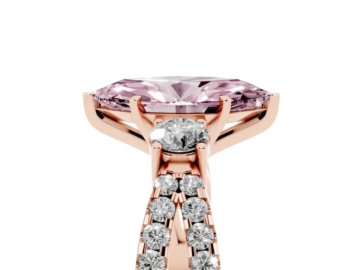 Fancy Pink Marquise Cut Diamond Three-Stone Ring with Pavé Split Shank and Four-Prong Setting Rose gold