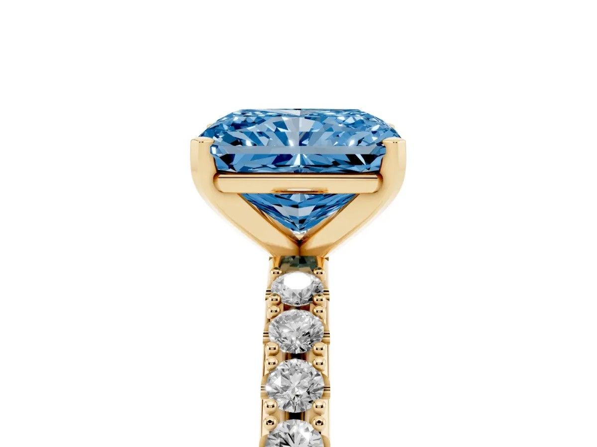 Fancy Blue Radiant Cut Diamond Solitaire Pavé Band with Four-Prong Setting Yellow gold