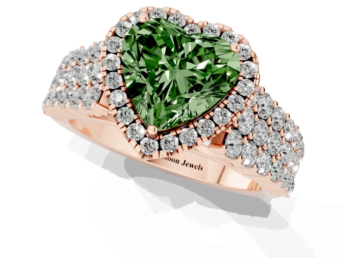 Fancy Green Heart Cut Diamond Halo Engagement Ring with Triple Row Round Pavé Band and Prong Setting Rose gold