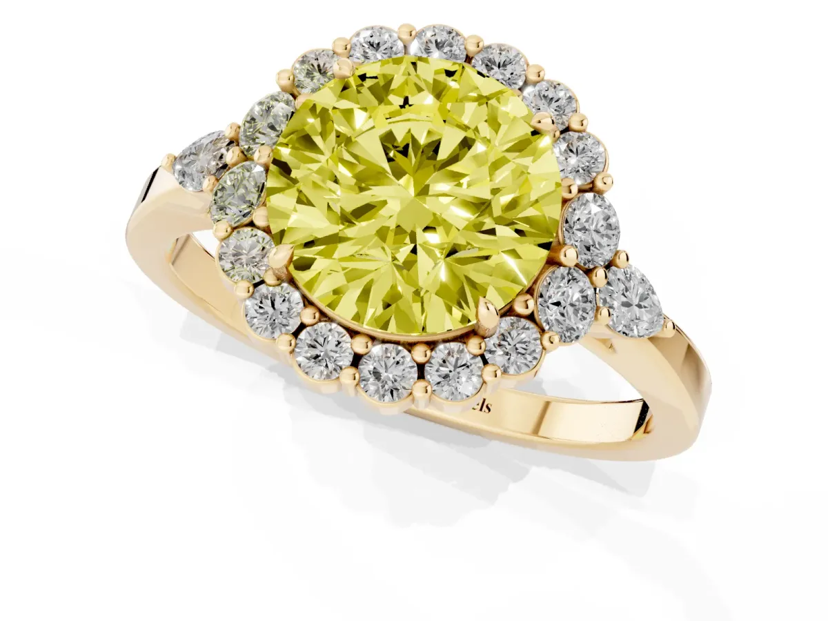 Fancy Yellow Round Cut Diamond Halo Ring with Pear Side Stones and Prong Setting Yellow gold
