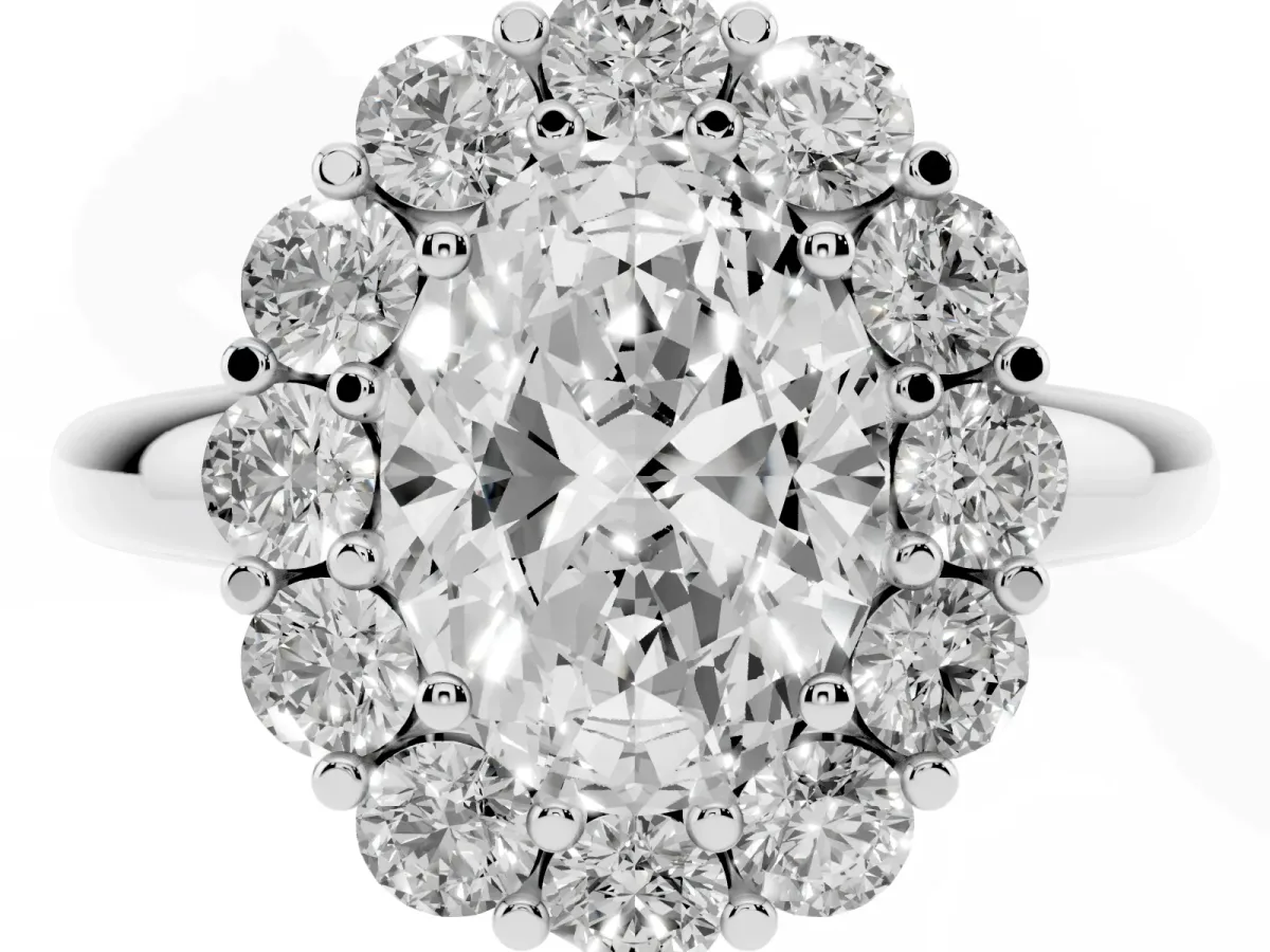Oval Cut Halo Cluster Diamond Engagement Ring with Prong Setting and Polished Band Platinum