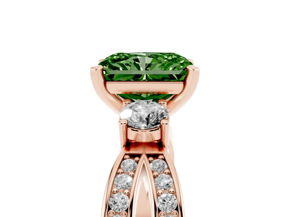 Fancy Green Three-Stone Radiant Cut Cut Diamond Twist Band with Prong Setting Rose gold