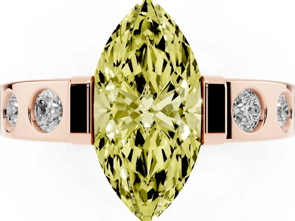 Fancy Yellow Marquise Cut Brilliant Channel-Set Diamond Ring with Bezel Prong Setting Rose gold