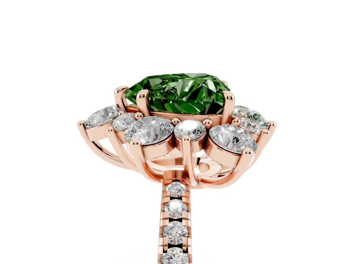 Fancy Green Heart Cut Diamond Floral Halo Ring with Round Pavé Band and Prong Setting Rose gold