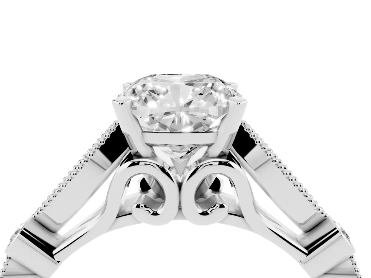 Cushion Cut Cut Diamond with Milgrain Marquise and Bezel Accents on a Solitaire Band with Prong Setting Platinum
