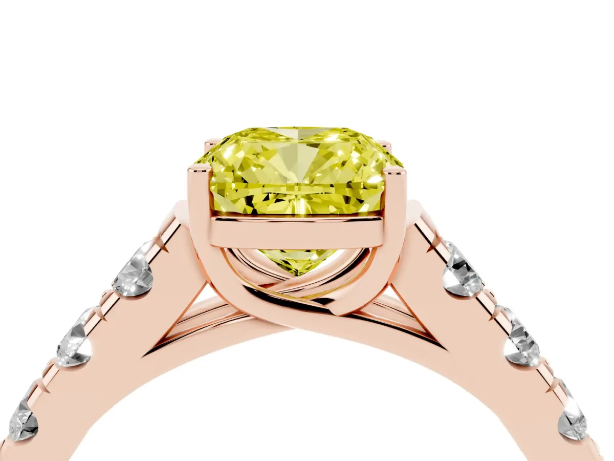 Fancy Yellow Cushion Cut Cut Diamond Solitaire Ring with Micro Pave Band and Prong Setting Rose gold