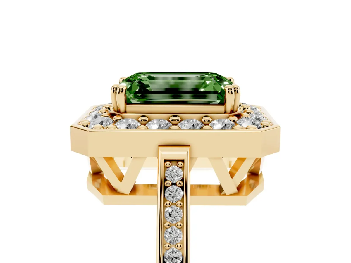 Fancy Green Emerald Cut Diamond Halo Ring with Split Shank and Four-Prong Setting Yellow gold
