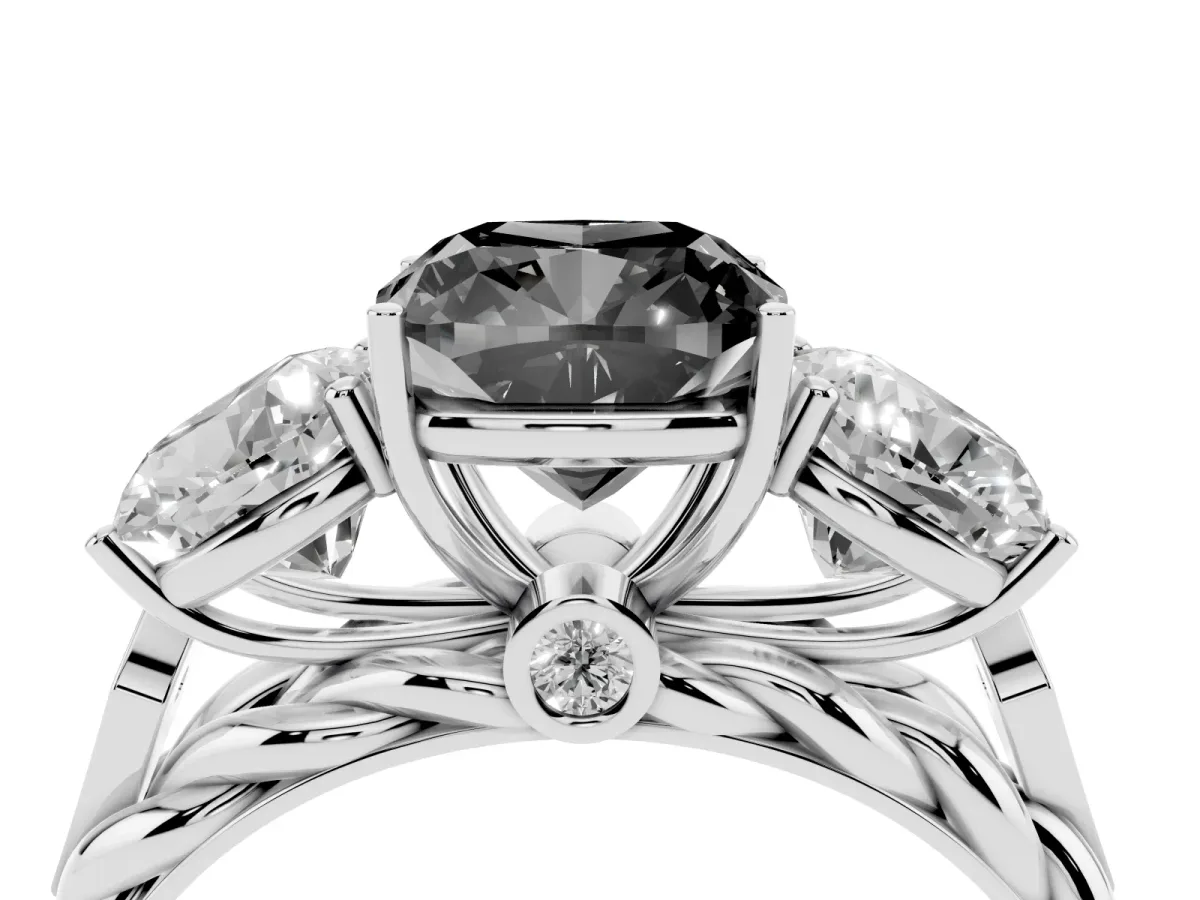Fancy Black Three-Stone Cushion Cut Diamond Braided Band Ring with Four-Prong Setting Platinum