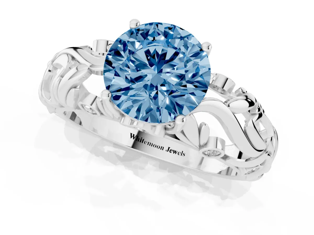 Fancy Blue Round Cut Solitaire Diamond Leaf-Inspired Vine Band Ring with Prong Setting Silver