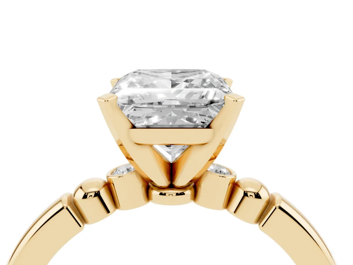 Princess Cut Solitaire Beaded Band with Four-Prong Setting Yellow gold