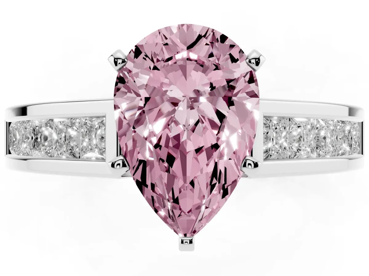 Fancy Pink Pear Cut Solitaire Diamond Ring with Channel-Set Band and Four-Prong Setting Silver