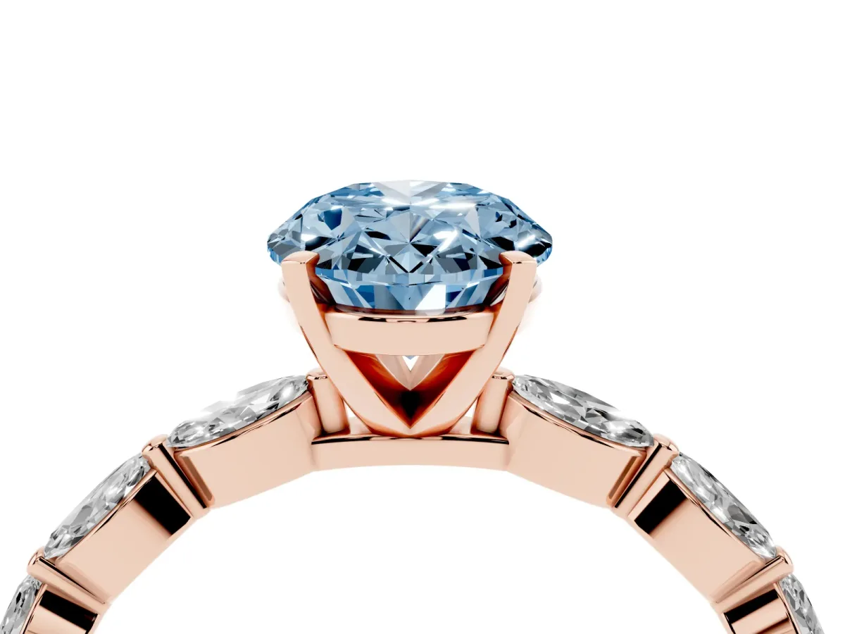 Fancy Blue Oval Cut Diamond Ring with Marquise Side Stones and Prong Setting Rose gold