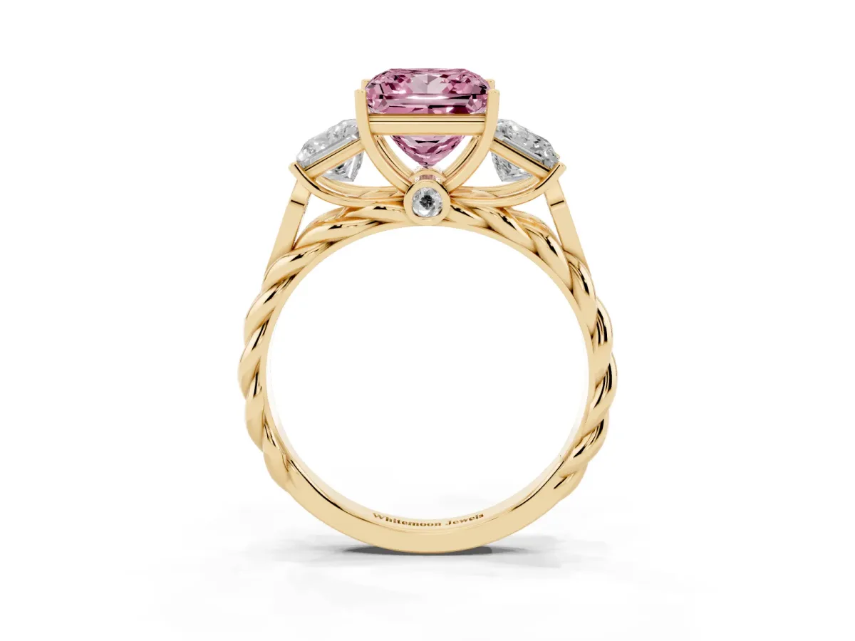 Fancy Pink Three-Stone Princess Cut Diamond Braided Band Ring with Four-Prong Setting Yellow gold
