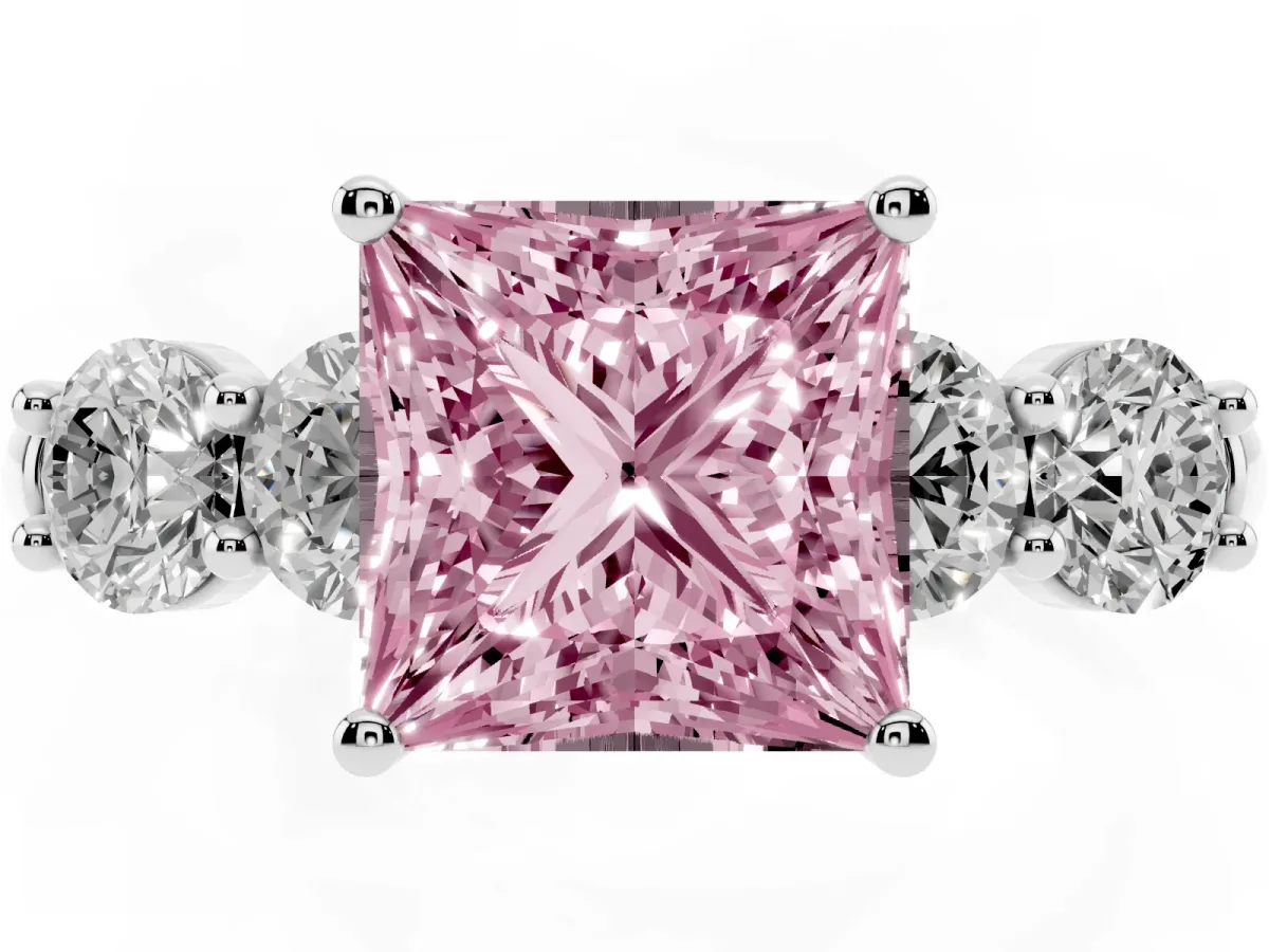 Fancy Pink Princess Cut Cut Five-Stone Prong Set Diamond Ring with Classic Band Silver