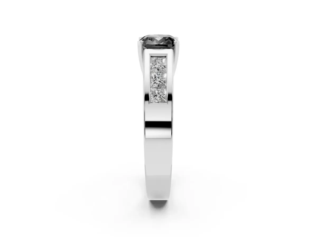 Fancy Black Cushion Cut Cut Channel Set Solitaire Ring with Four-Prong Setting Silver