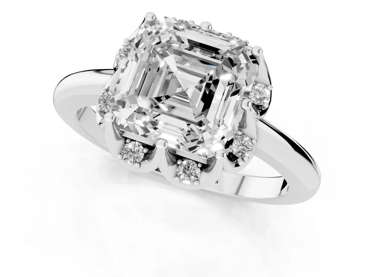 Asscher Cut Halo Diamond Ring with Round Cluster Setting, Solitaire Band, and Four-Prong Setting Silver