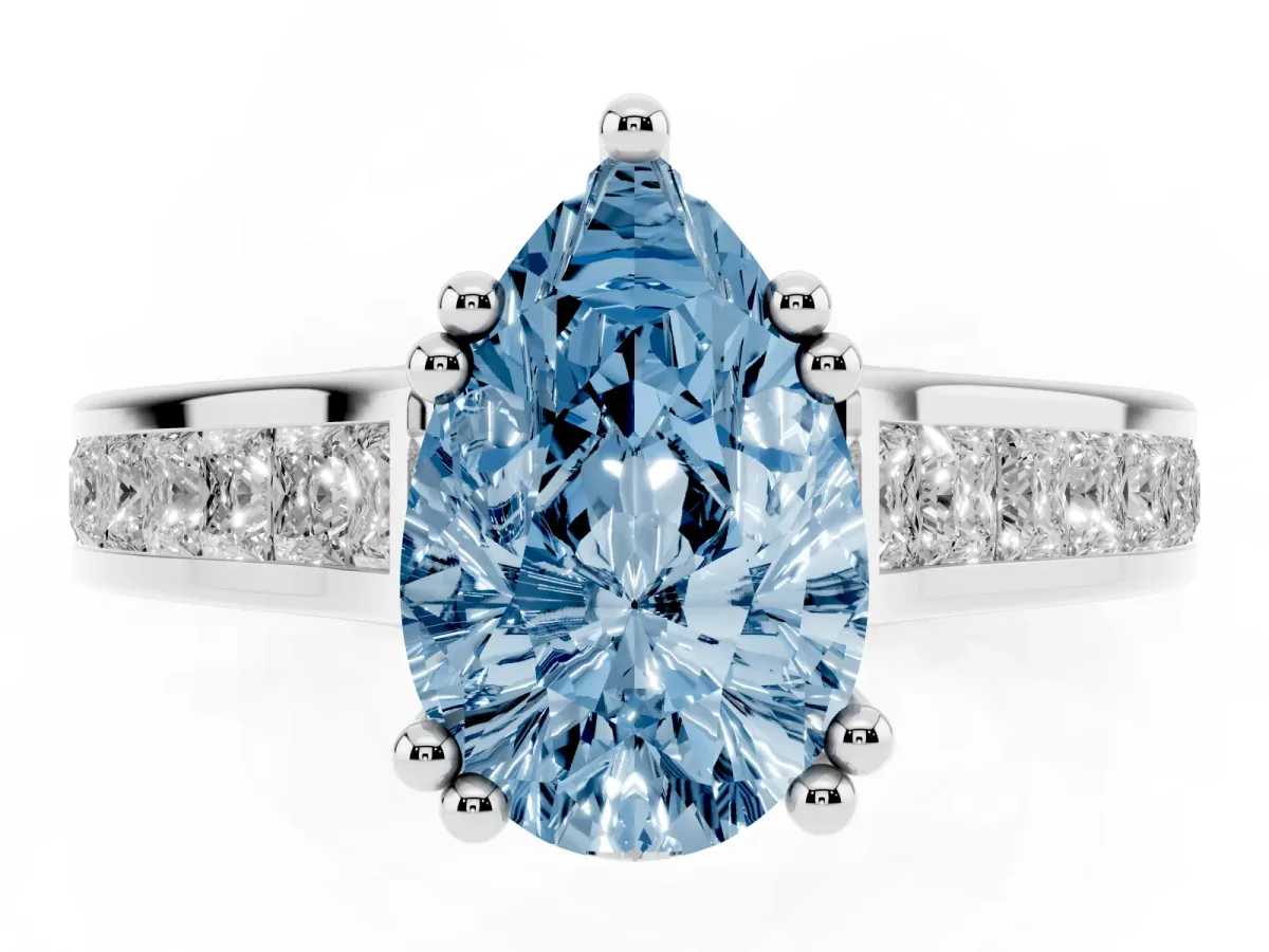 Fancy Blue Pear Cut Cut Channel Set Solitaire Engagement Ring with Prong Setting Silver