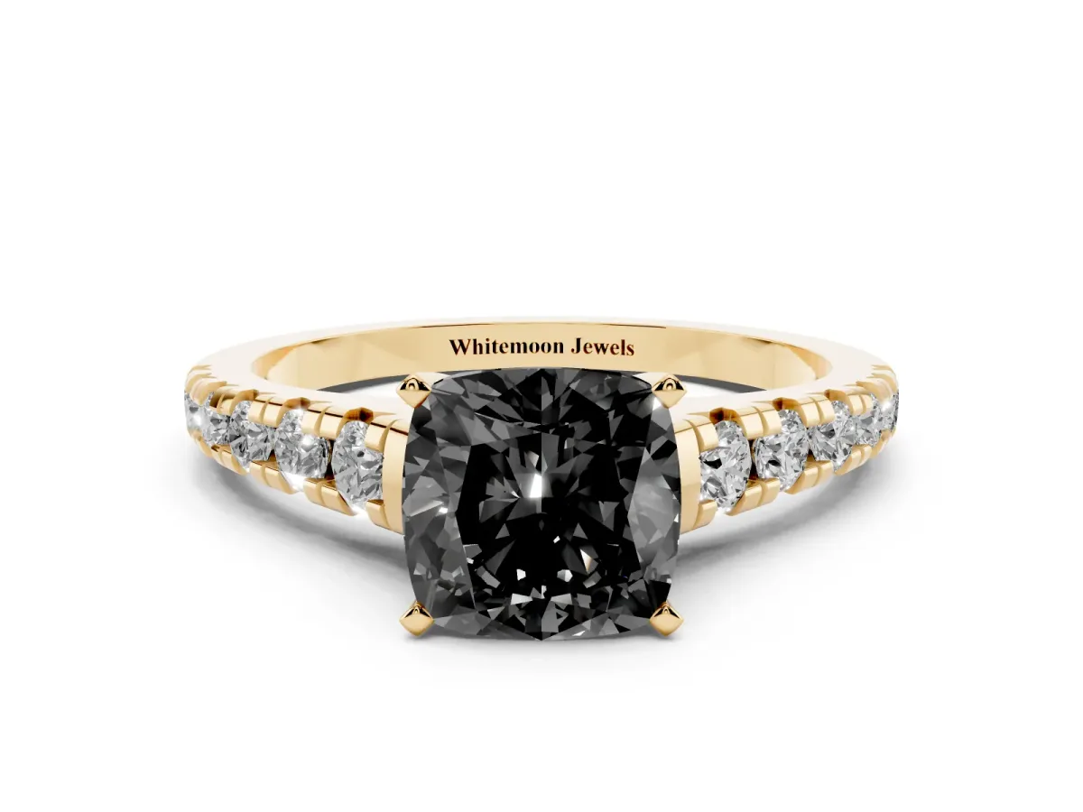 Fancy Black Cushion Cut Diamond Cathedral Solitaire Ring with Round Pavé Band Yellow gold