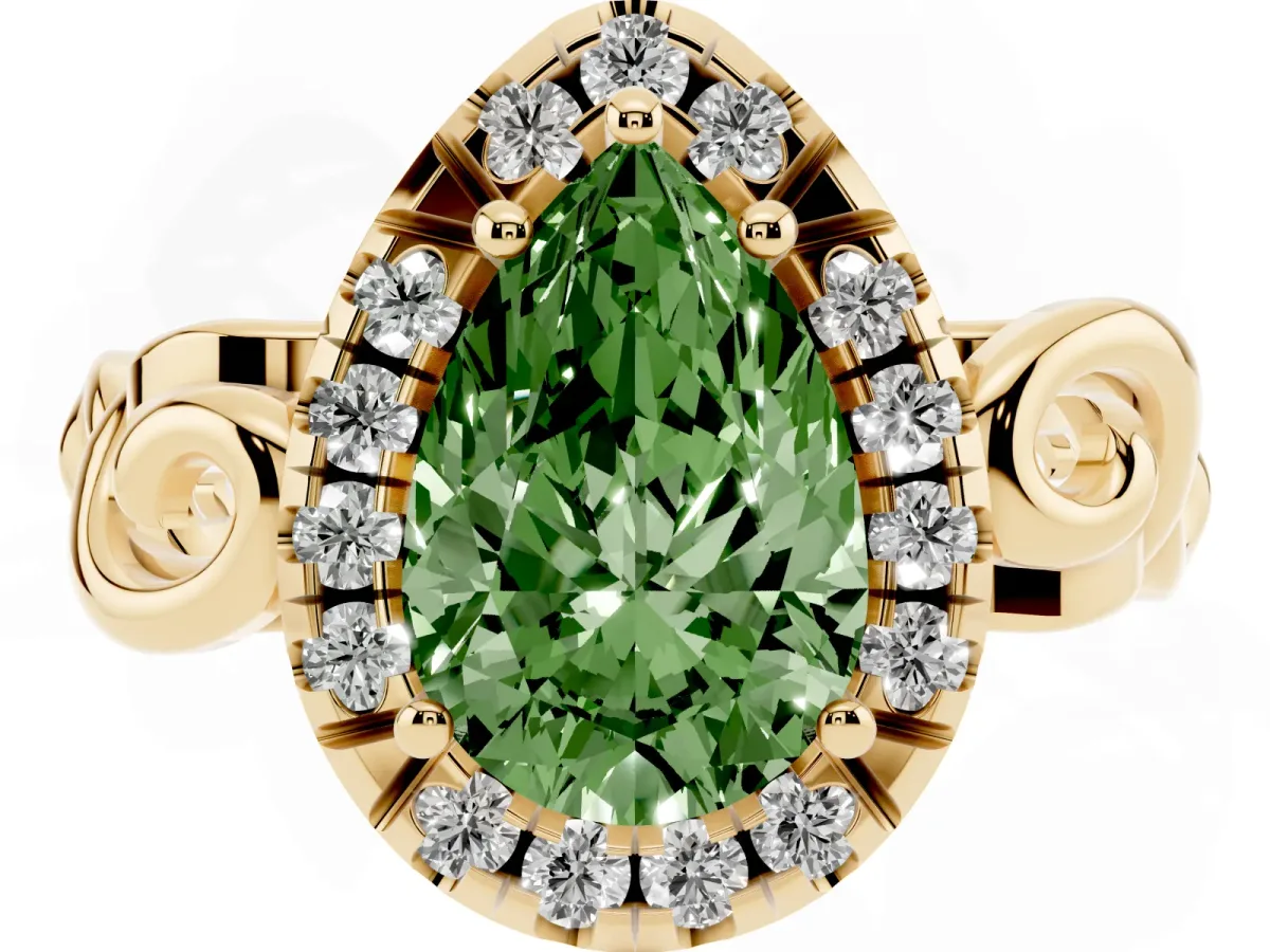 Fancy Green Pear Cut Cut Halo Diamond Ring with Scrollwork Band and Four-Prong Setting Yellow gold