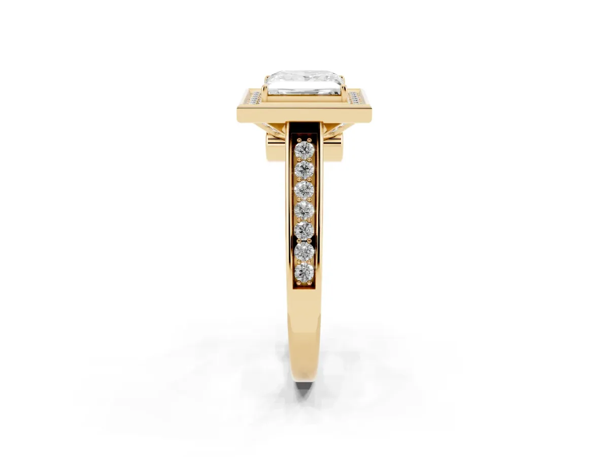 Princess Cut Halo Solitaire Diamond Ring with Pave Band and Bezel Setting Yellow gold